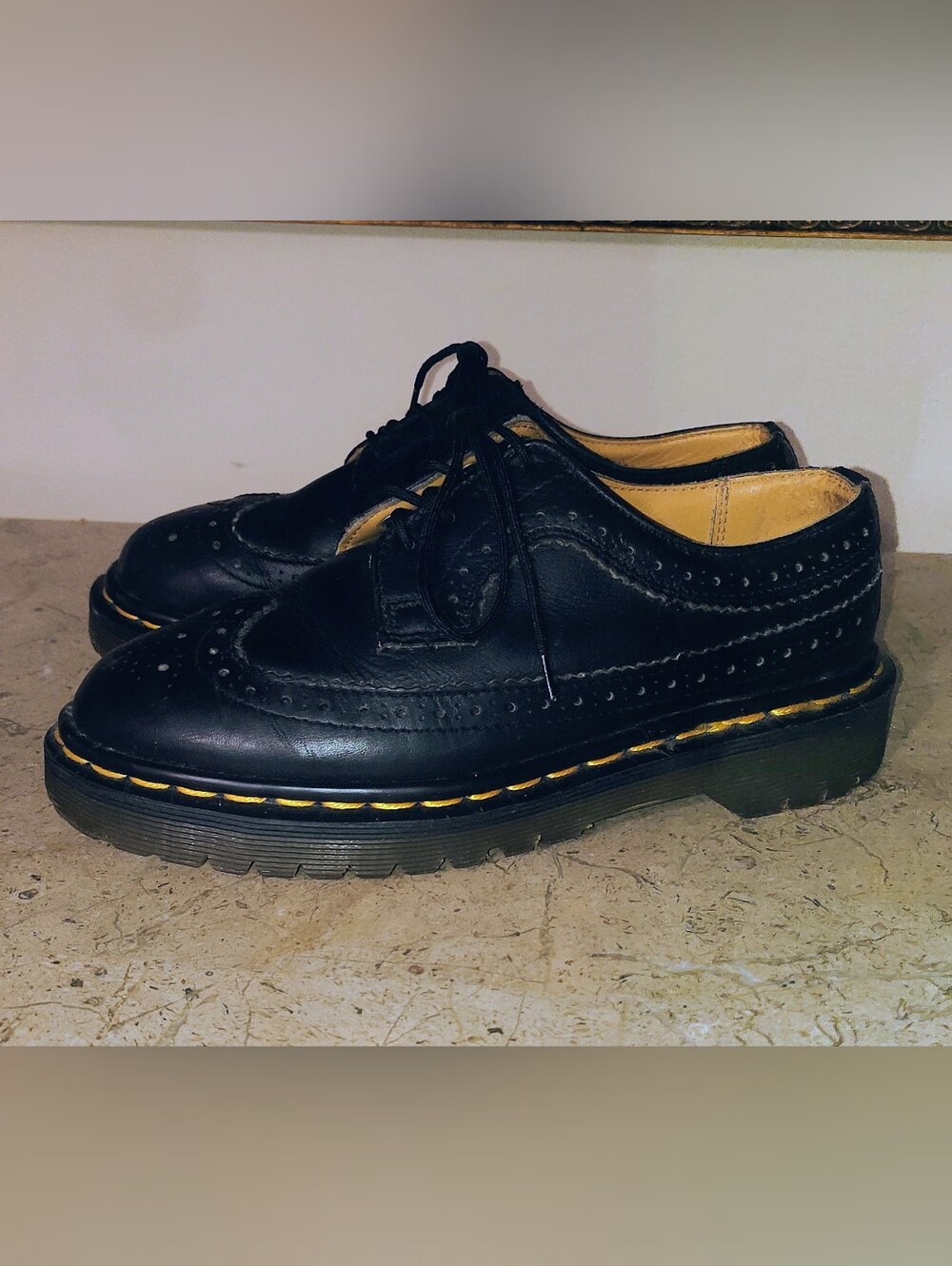Doc Martens Brogue Black Leather Wingtip Oxfords Made In England yellow Stitch.